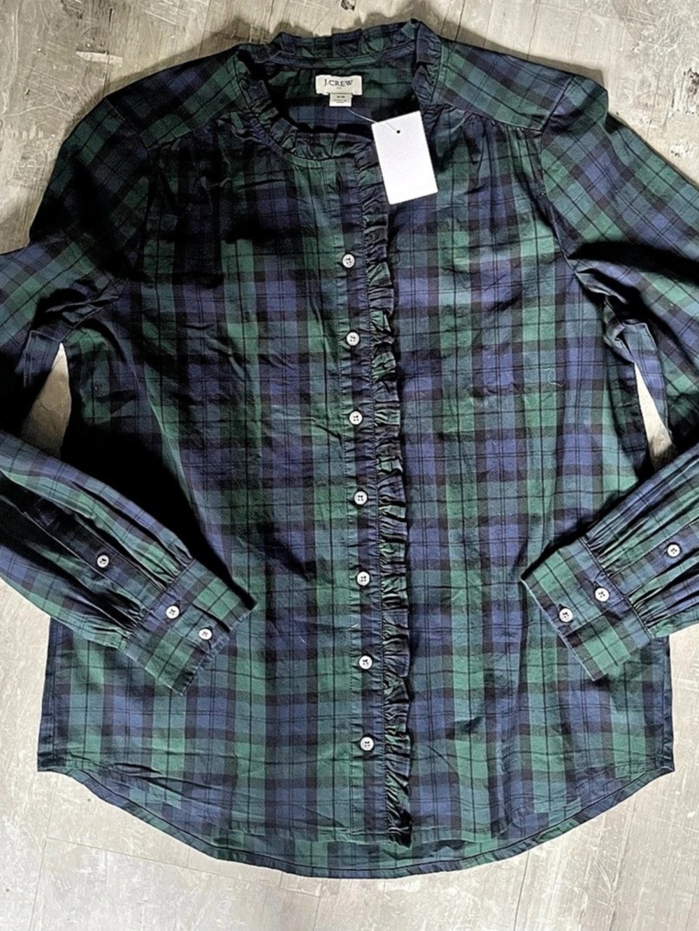 J.Crew Ruffle Front Shirt Plaid in Green & Blue XS NWT